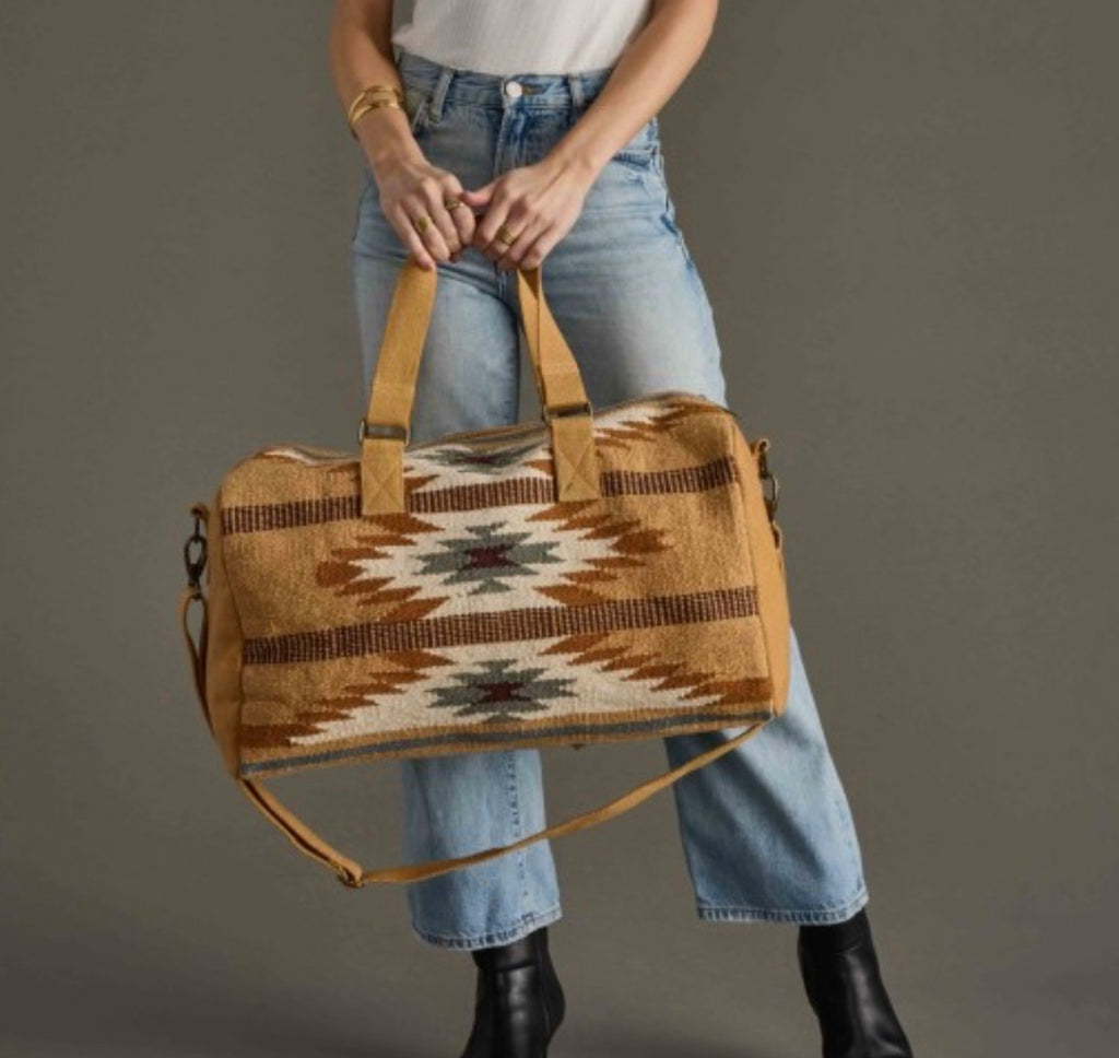 Tan, Camel & Teal Duffel Bag