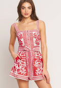 Red Printed Belted Romper