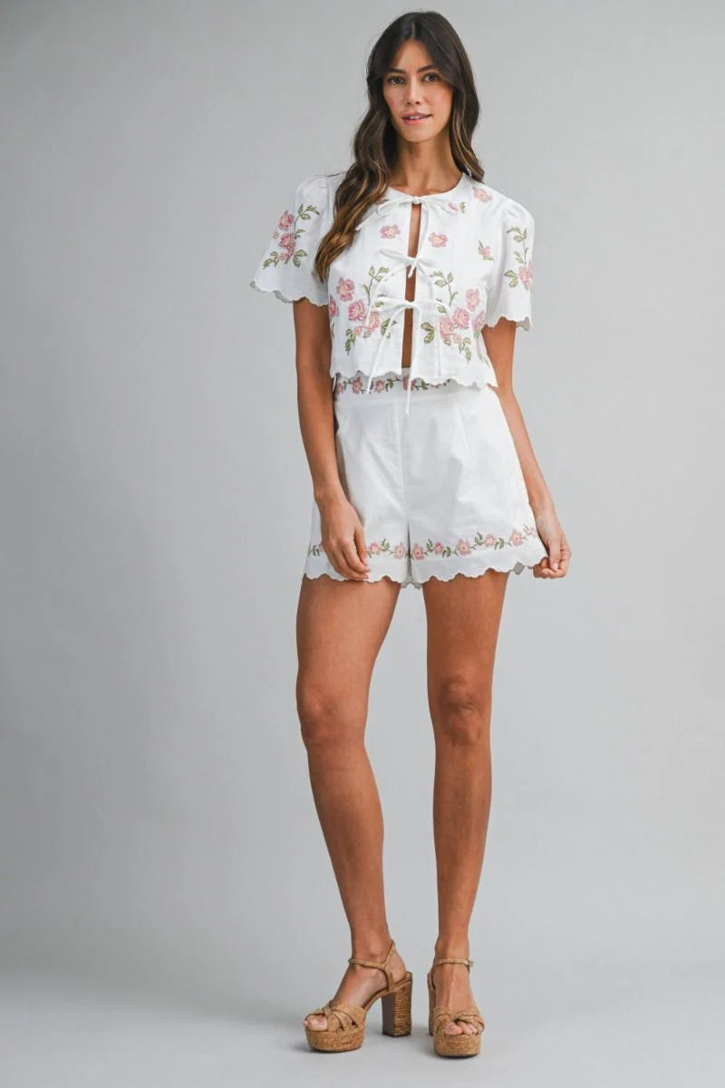 Pink & White Embroidery Short Sleeve & Short Set