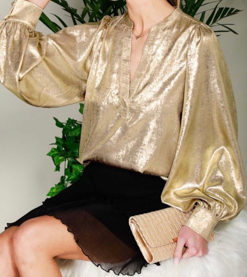 Gold Metallic Woven Long Sleeve Blouse