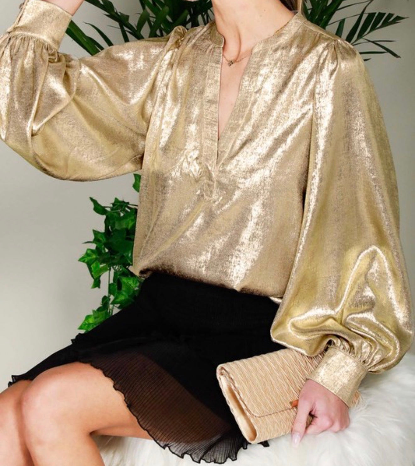 Gold Metallic Woven Long Sleeve Blouse