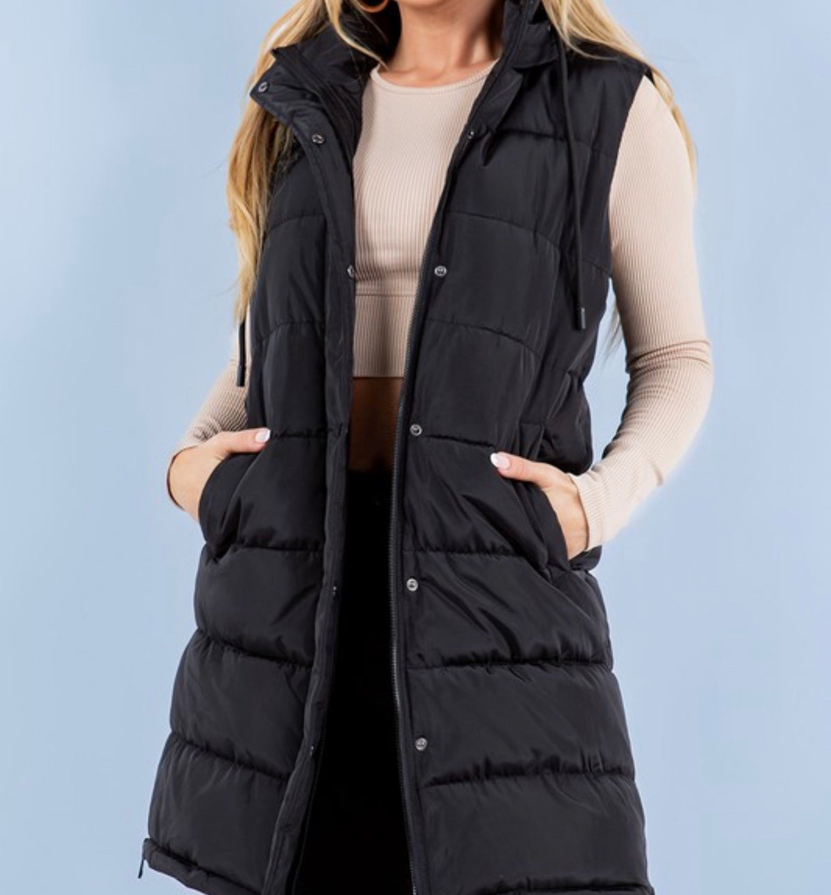 Black Longline Quilted Puffer Vest