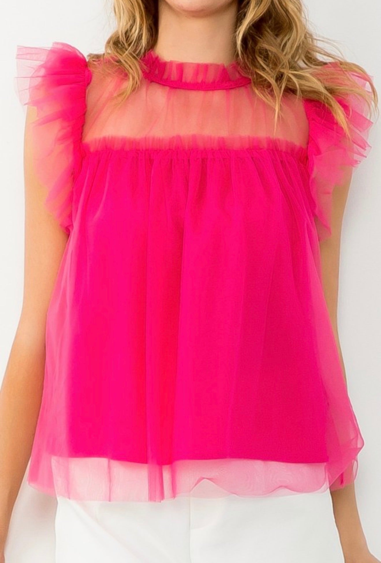 Hot Pink Tulle Ruffle Sleeve Sheer Top