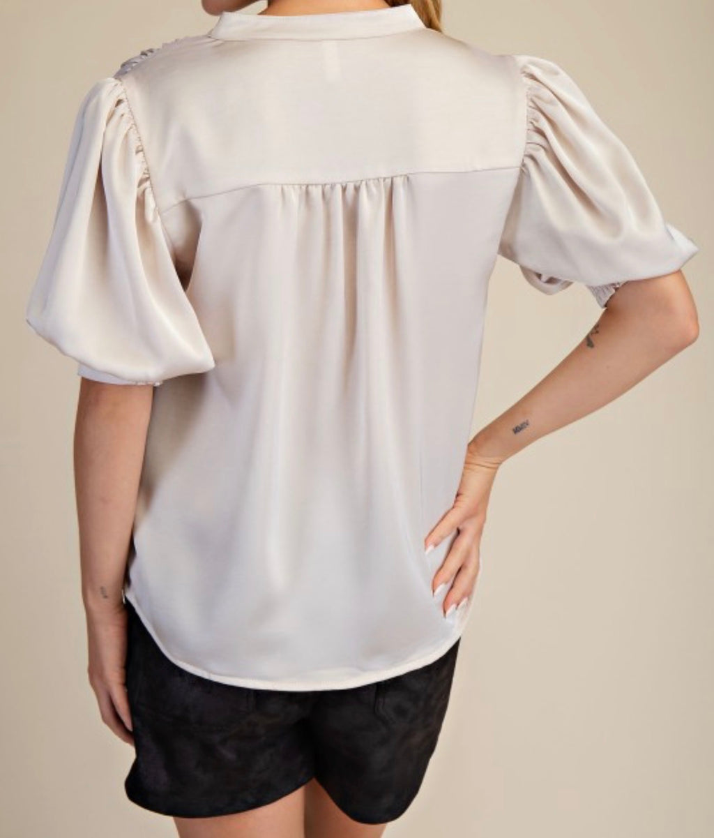 Puff Sleeve Satin Top in Ivory