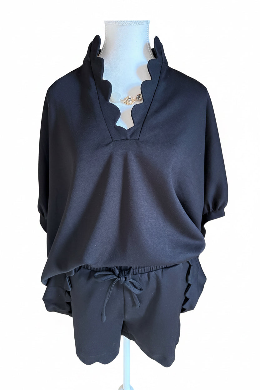 Scallop Neckline Oversized Top in Black