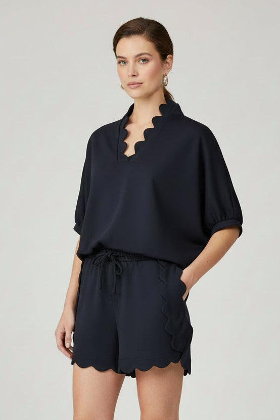 Scallop Neckline Oversized Top in Black