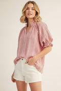 Ruffle Detail Stripe Top - Red