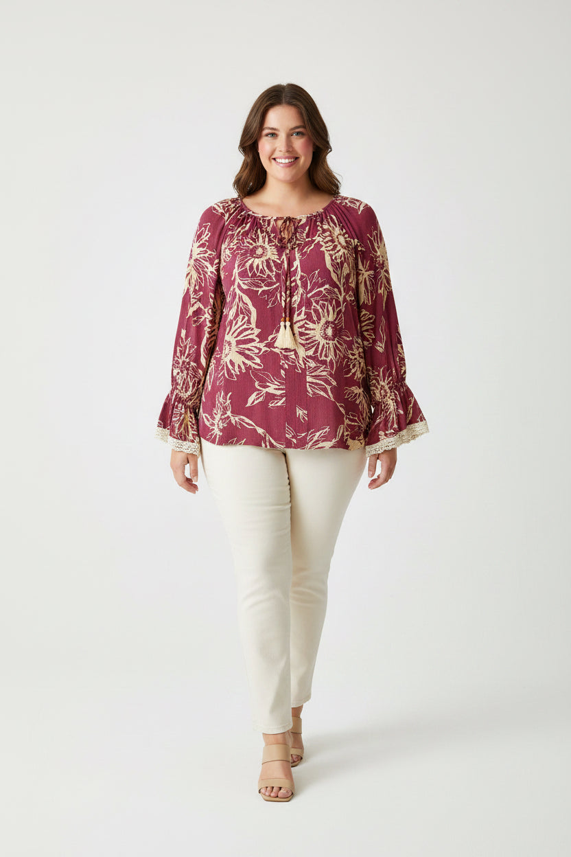 Floral Printed Top – Burgundy