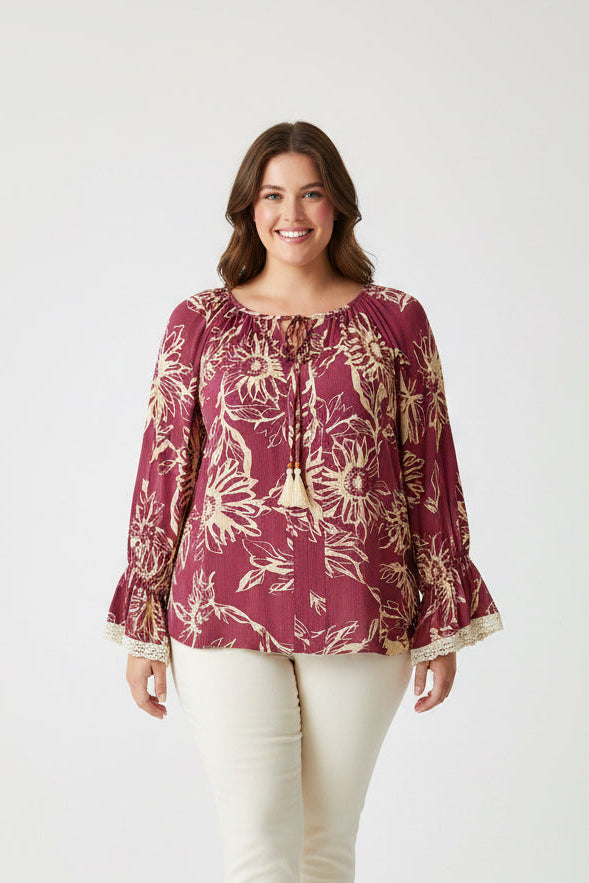Floral Printed Top – Burgundy