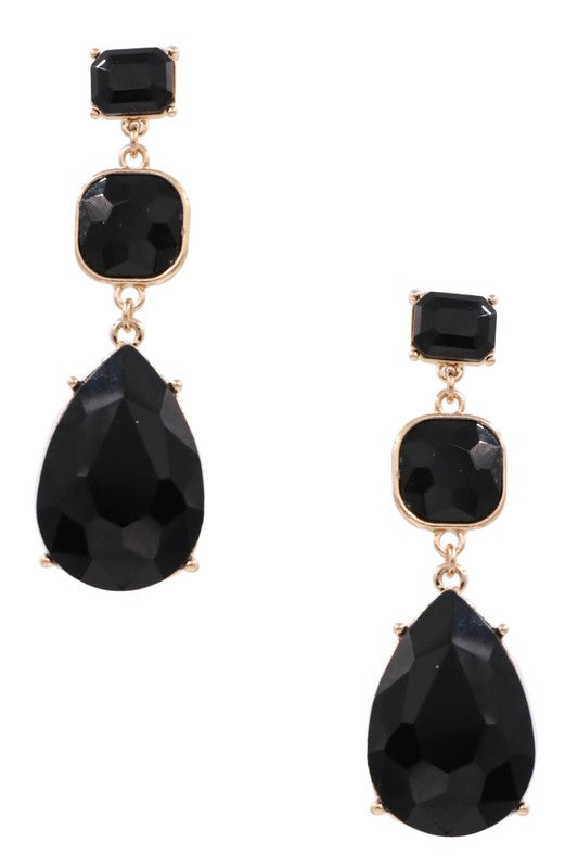 Triple Drop Black Crystal Earrings | Gold Tone