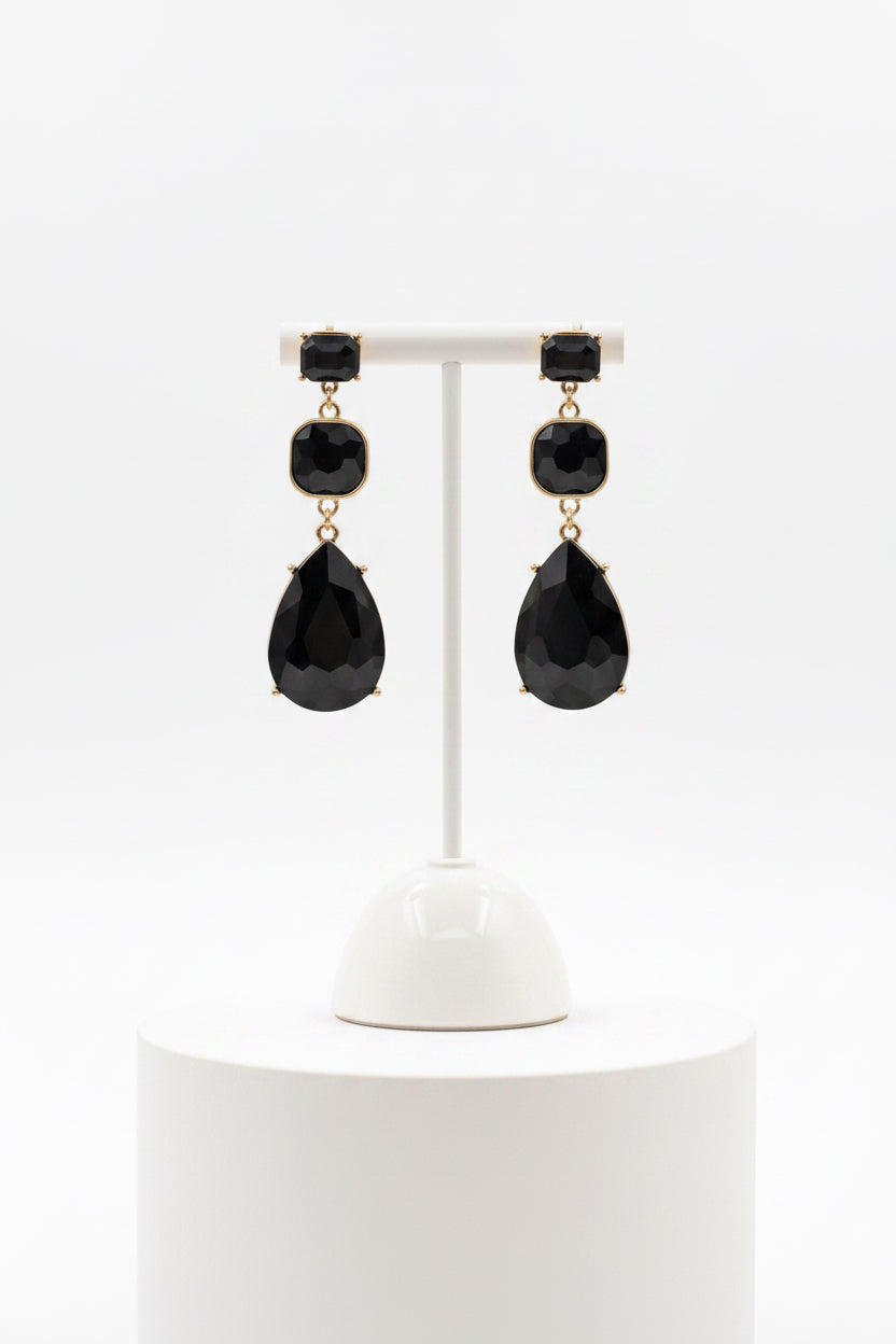 Triple Drop Black Crystal Earrings | Gold Tone