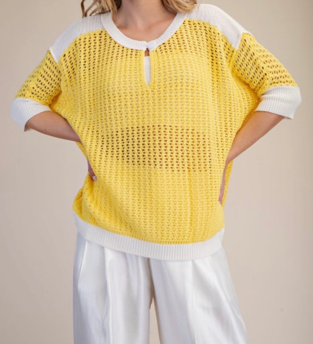 Keyhole Open-Stitch Sweater in Butter Yellow