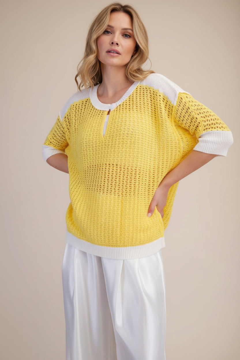 Keyhole Open-Stitch Sweater in Butter Yellow