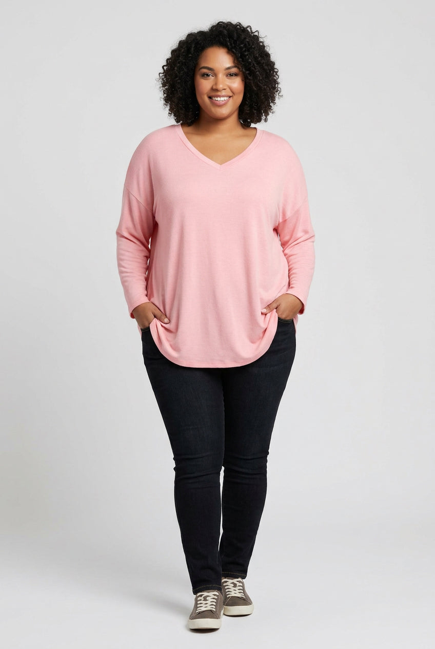 Pink V-Neck Curved-Hem Top