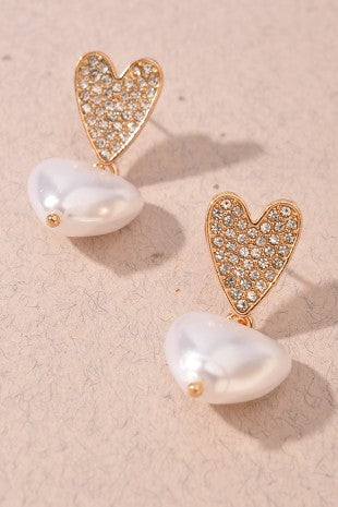 Pearl Rhinestone Heart Dangle Earrings