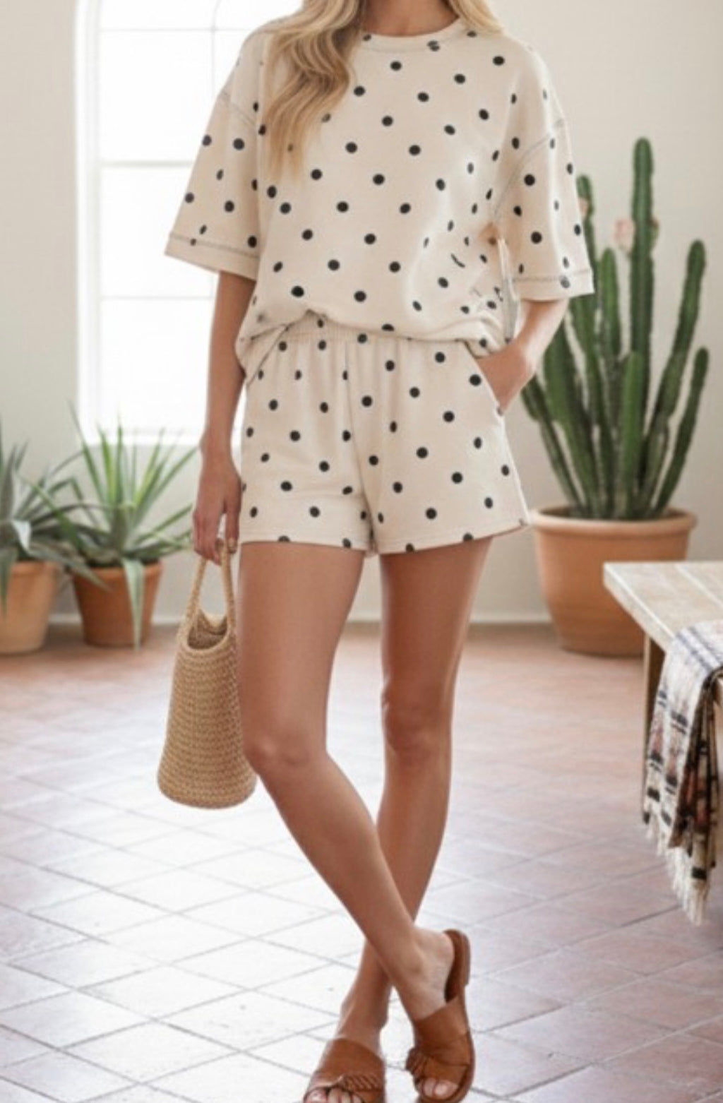 Cream & Black Polka Dot Scuba Top & Short Set