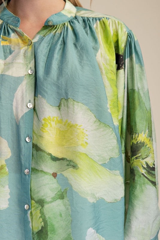 Sage Neck Band Voluminous Long Sleeve Blouse