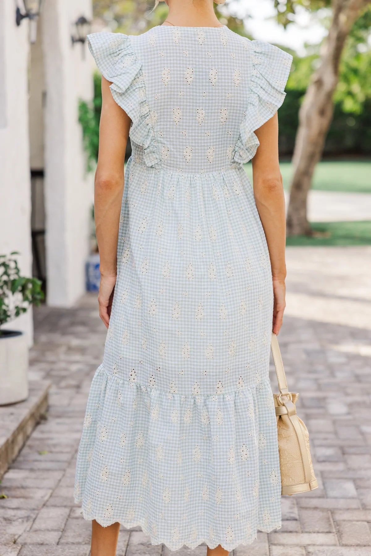 Gingham Print Floral Dress in Sage