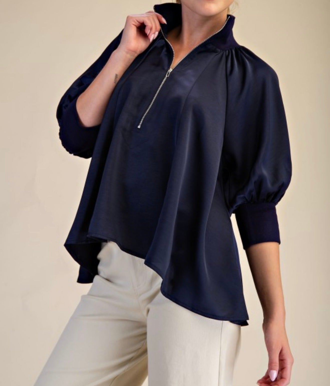 Navy Zip Neck Blouse