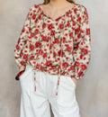 Floral Print Poplin Billowy Sleeve Top – Red & Ivory