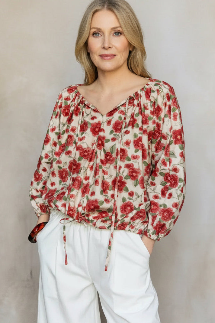 Floral Print Poplin Billowy Sleeve Top – Red & Ivory