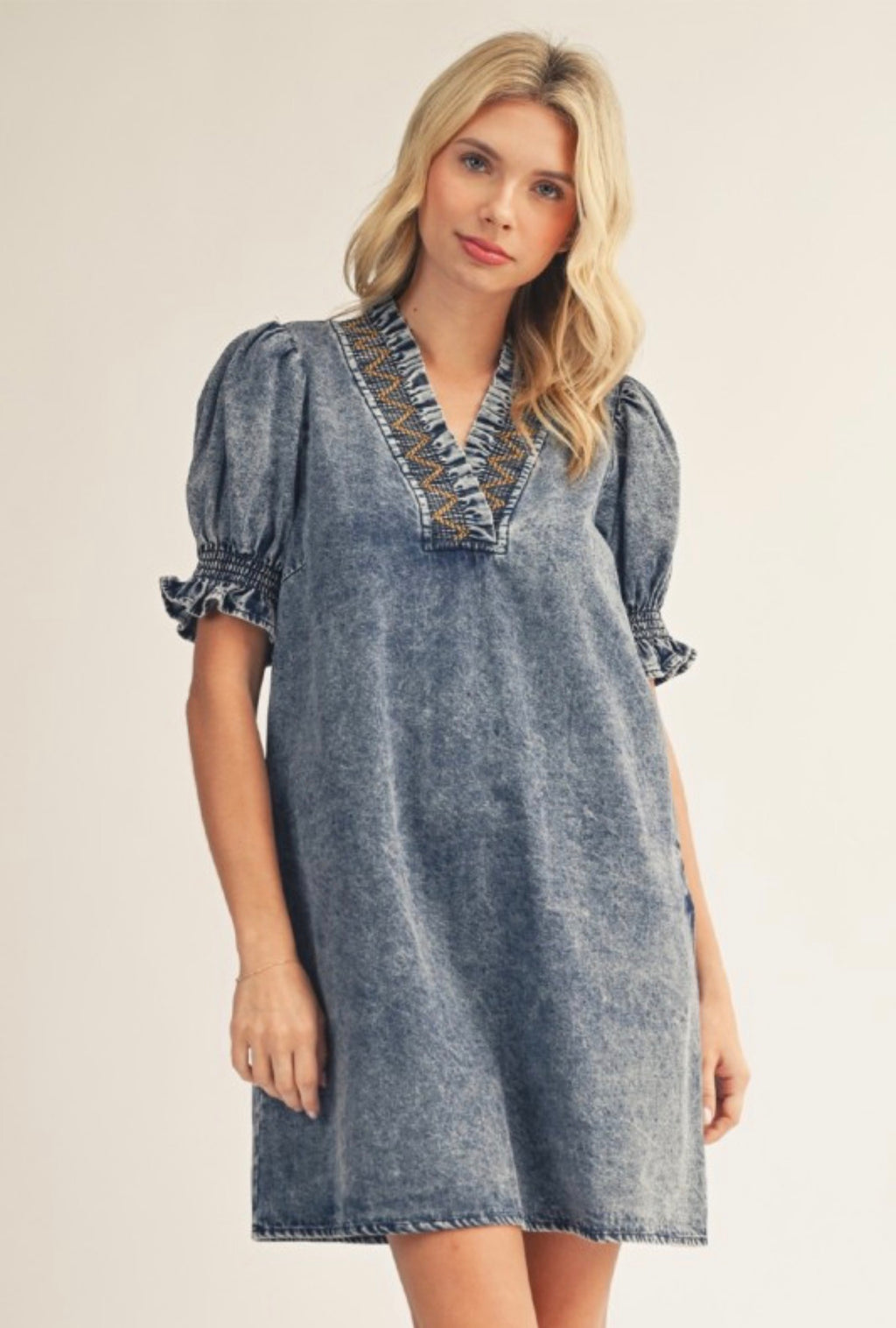 Embroidered Smocked V-Neck Denim Dress
