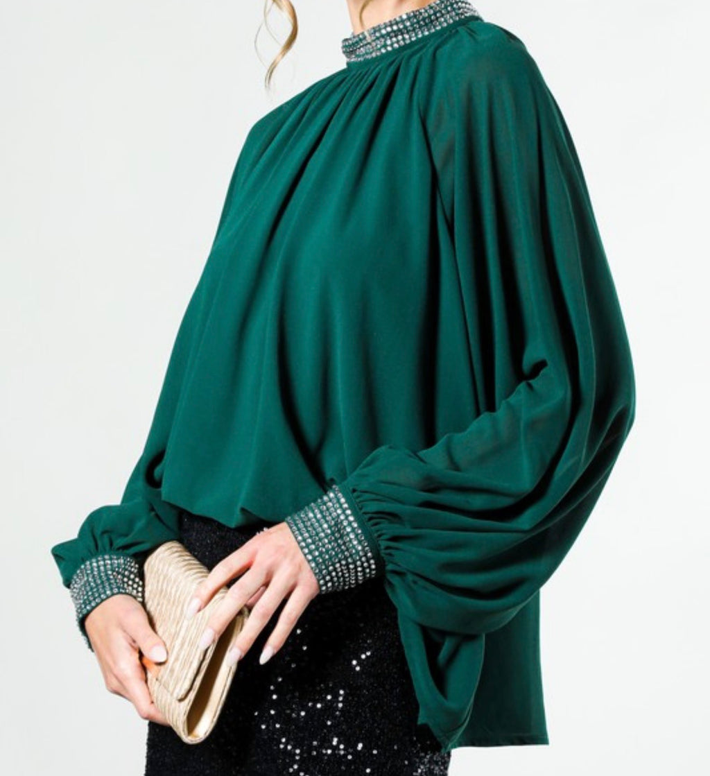 Rhinestone Detail Top in Hunter Green