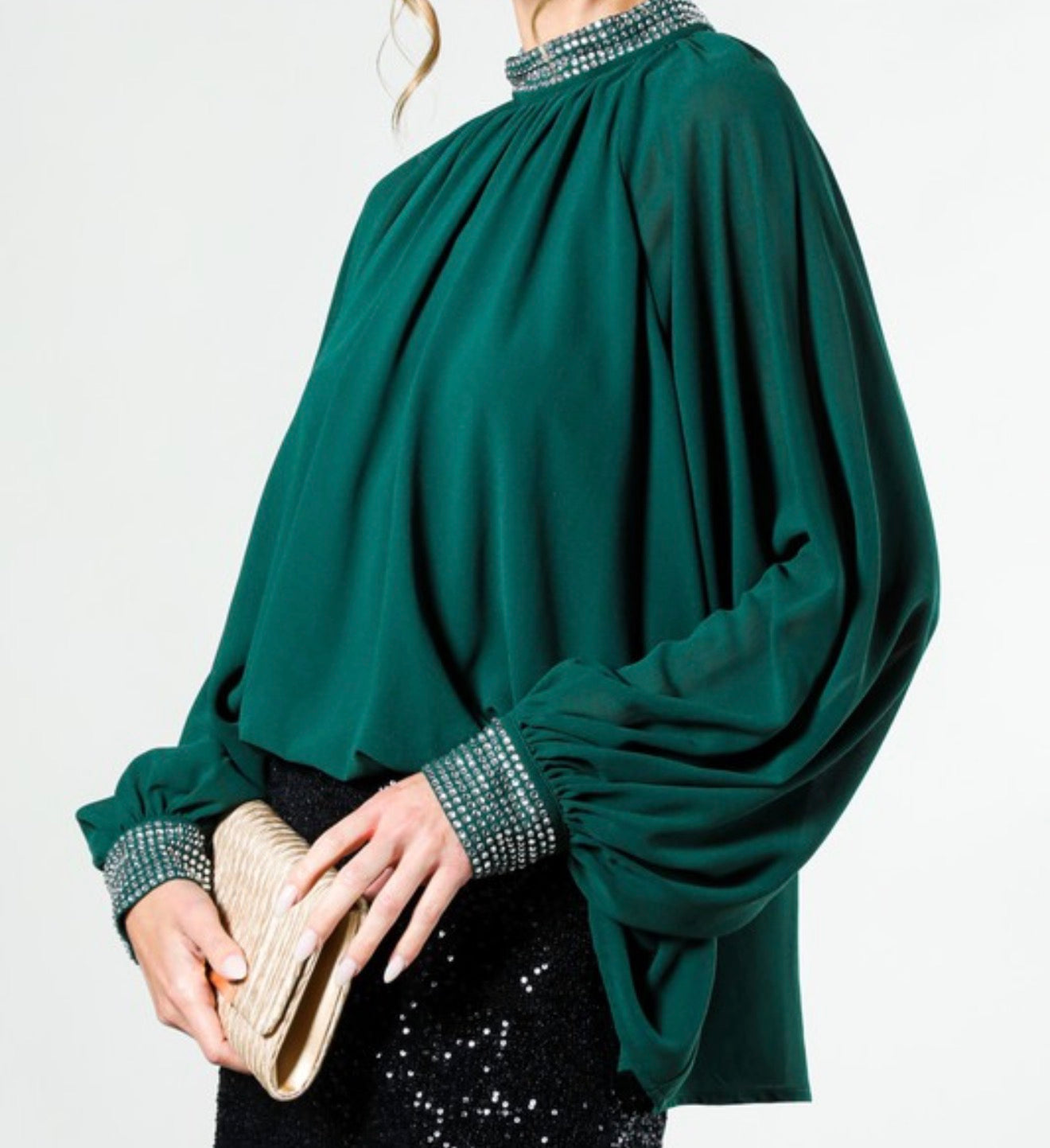 Rhinestone Detail Top in Hunter Green