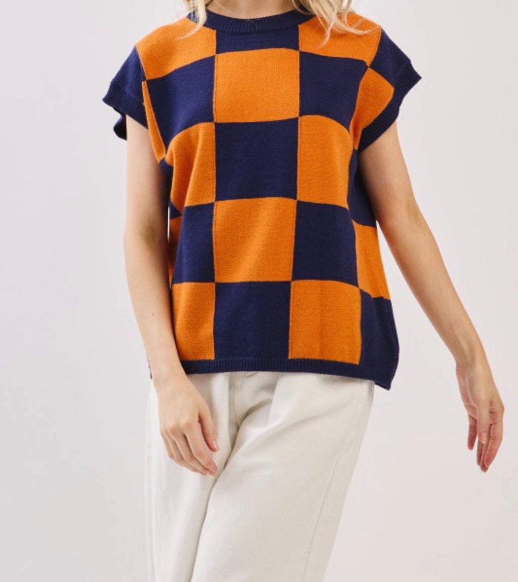 Game Day Navy & Orange Checkered Sweater Top