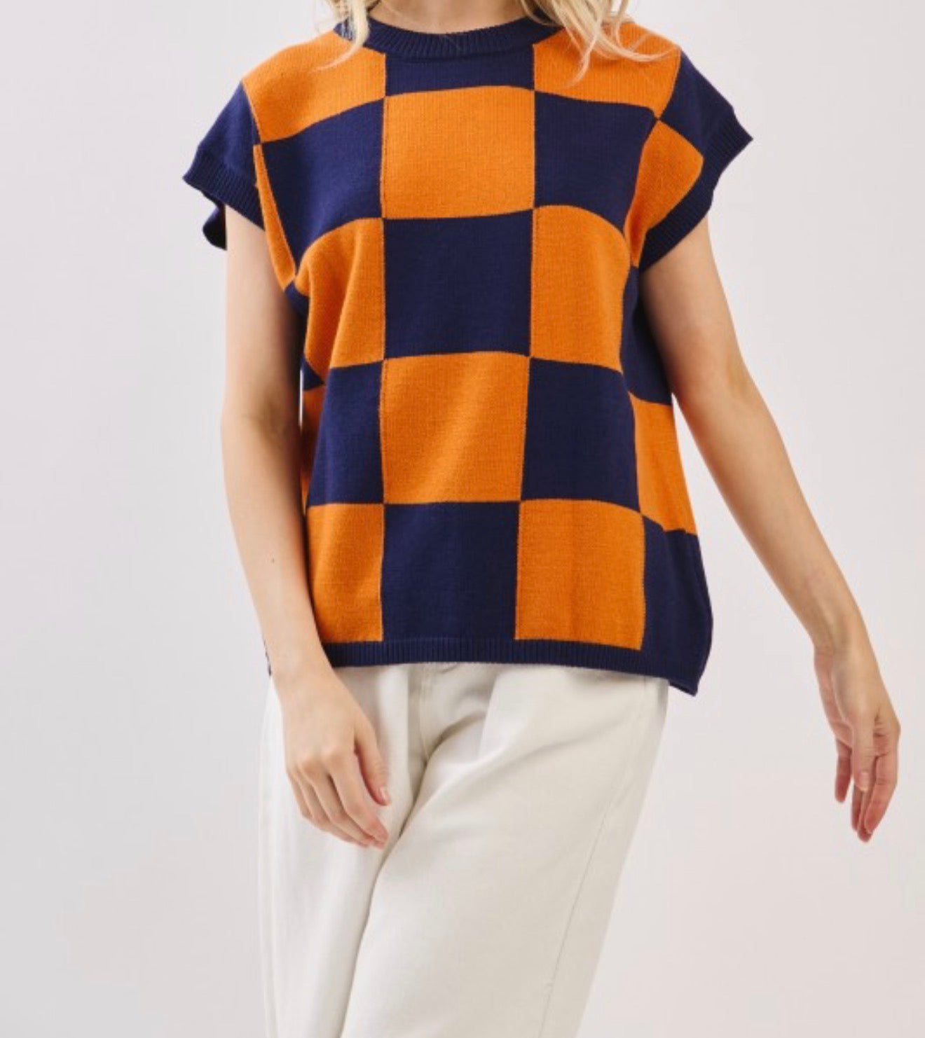 Game Day Navy & Orange Checkered Sweater Top