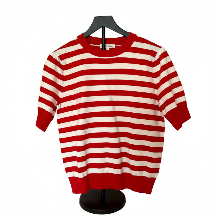 Red & White Striped Puff Sleeve Sweater Top