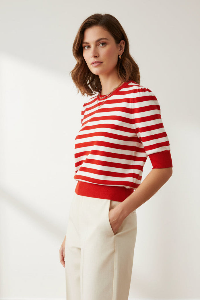 Red & White Striped Puff Sleeve Sweater Top