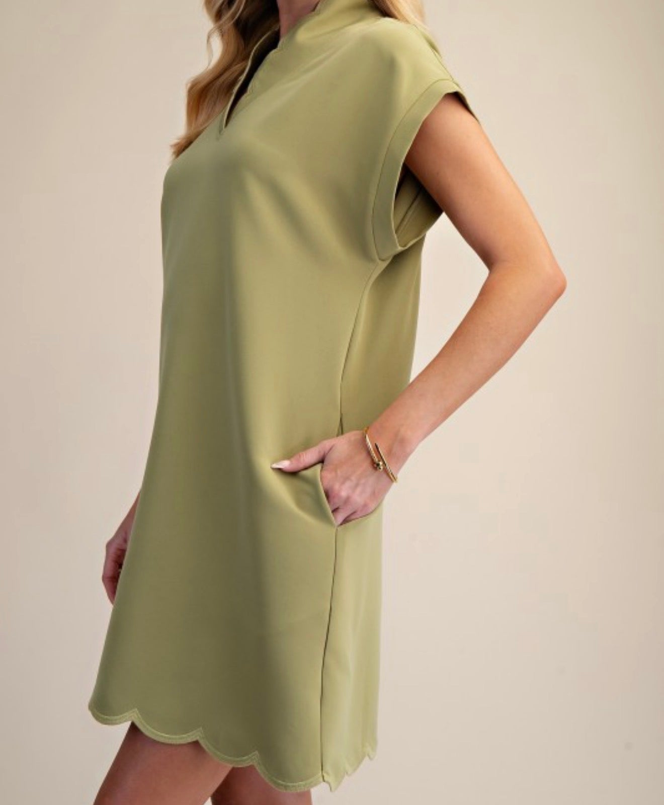 Scallop V-Neck Dress in Sage