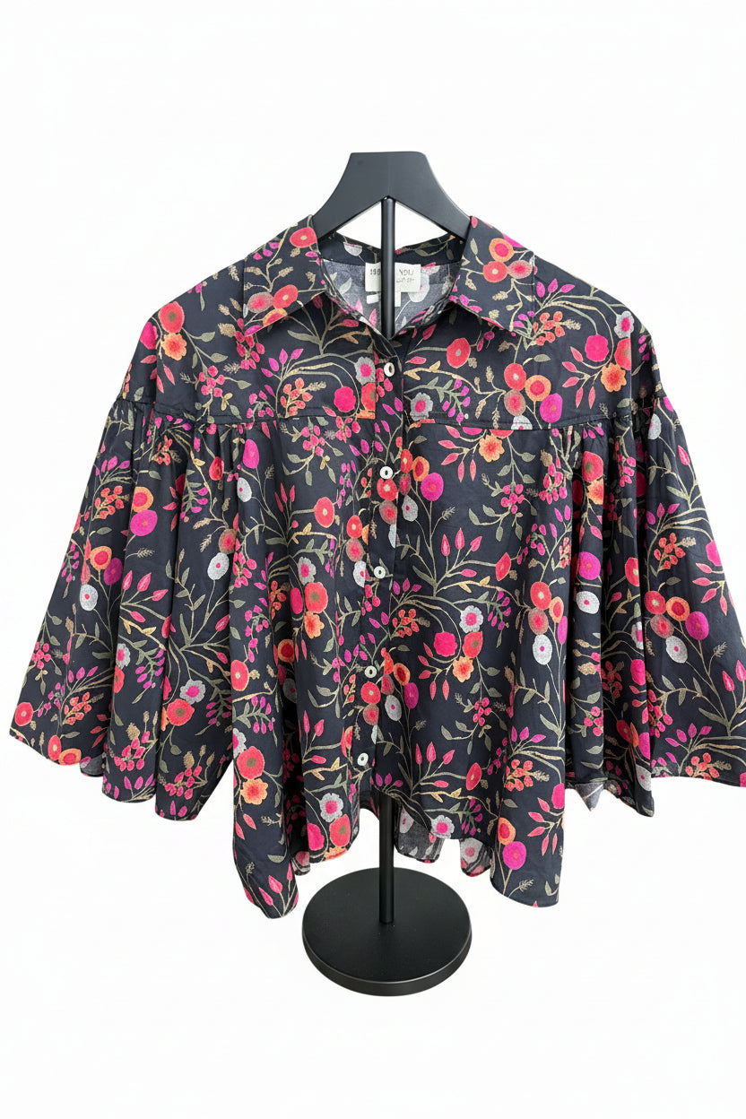Black Multi Print Poplin Flowy Sleeve Blouse
