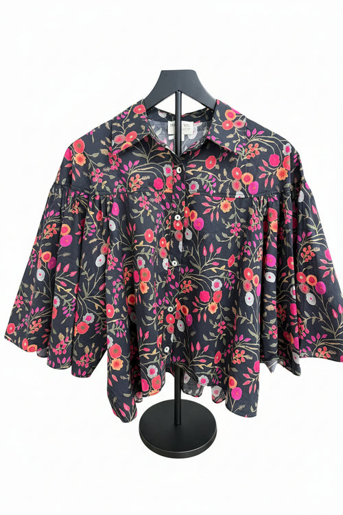 Black Multi Print Poplin Flowy Sleeve Blouse