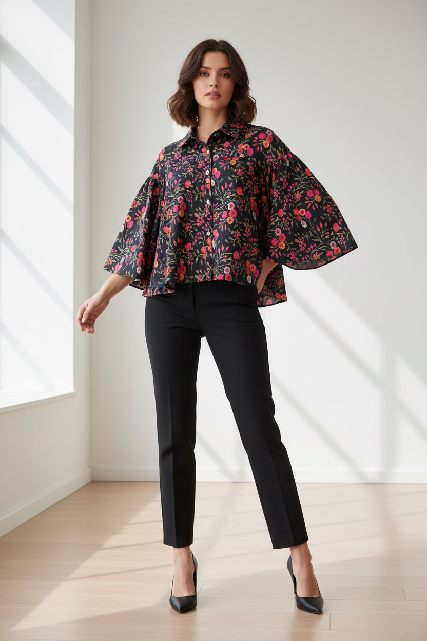 Black Multi Print Poplin Flowy Sleeve Blouse