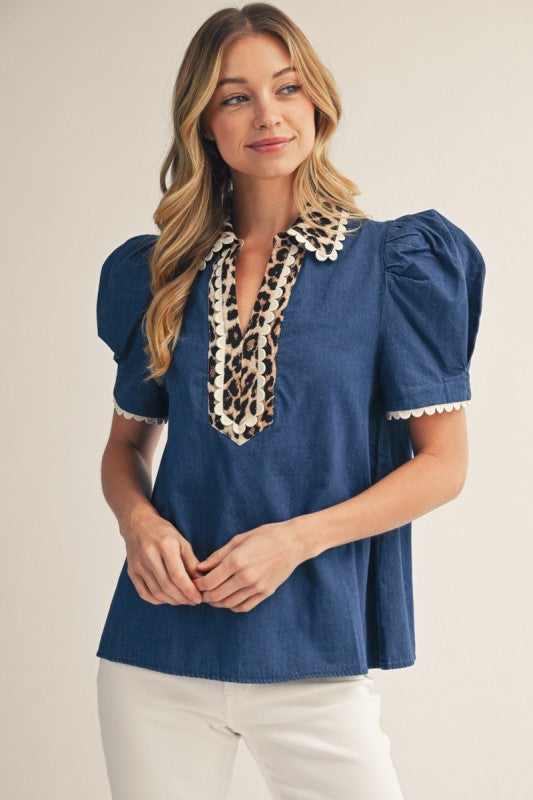 Puff Shoulder Denim Top