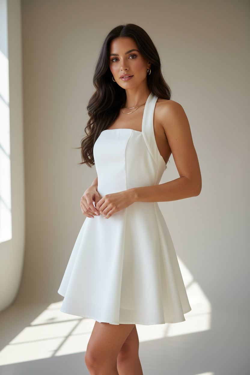 White Bow Detail Fit & Flare Mini Dress