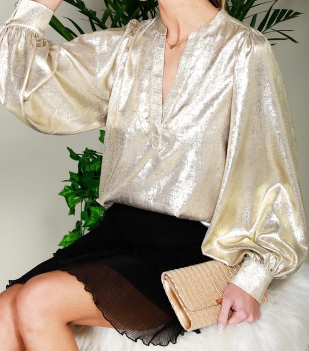Champagne Metallic Woven Long Sleeve Blouse