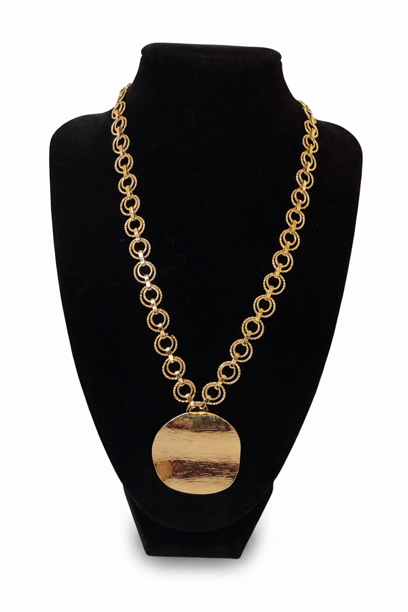 Gold Textured Double Circle Wavy Chain Necklace