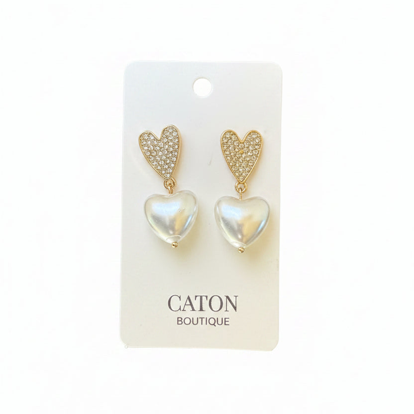 Pearl Rhinestone Heart Dangle Earrings