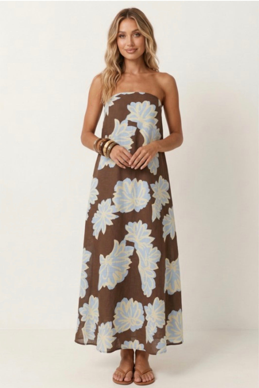 Brown Floral Print Strapless Maxi Dress