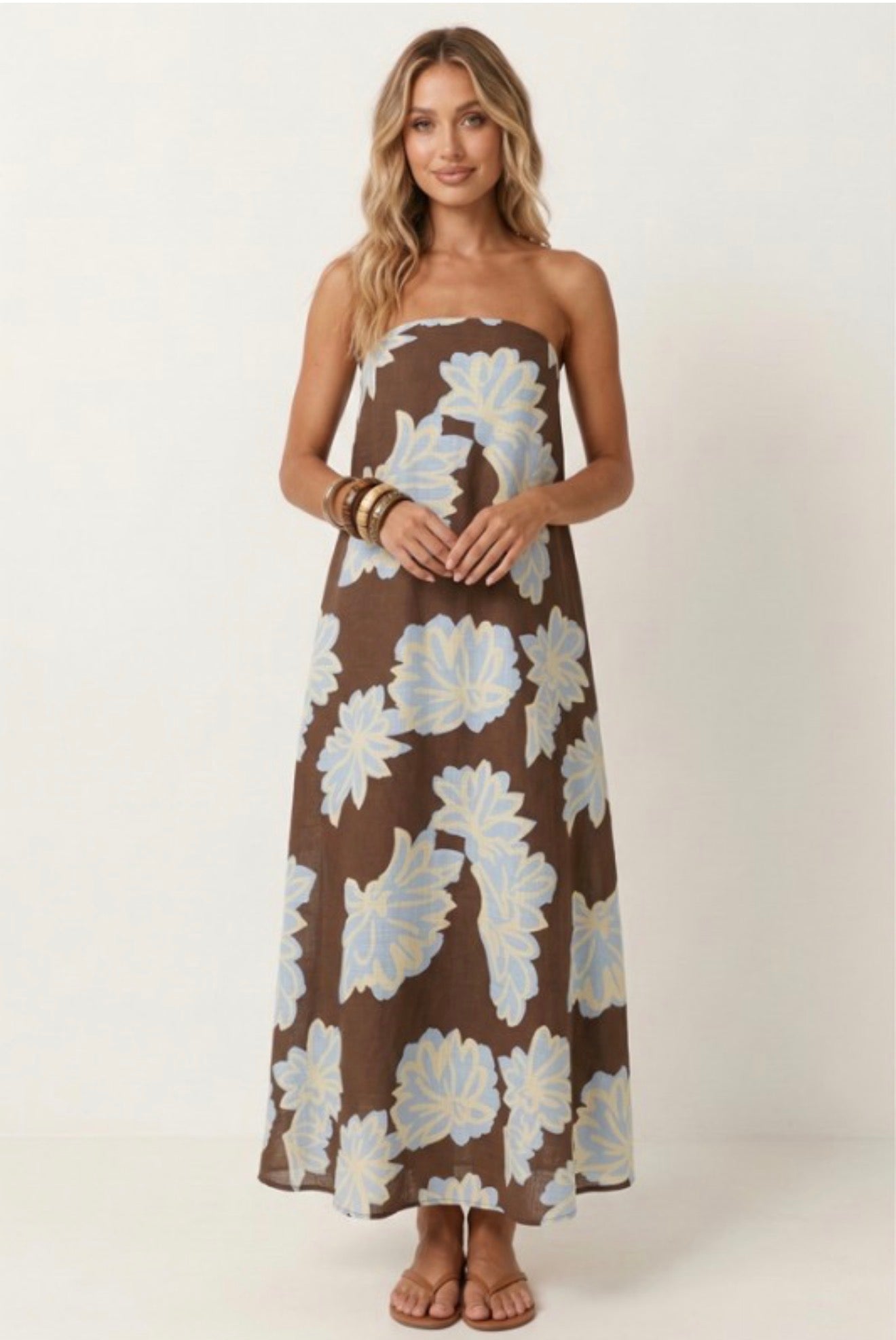 Brown Floral Print Strapless Maxi Dress
