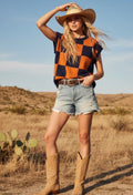 Game Day Navy & Orange Checkered Sweater Top