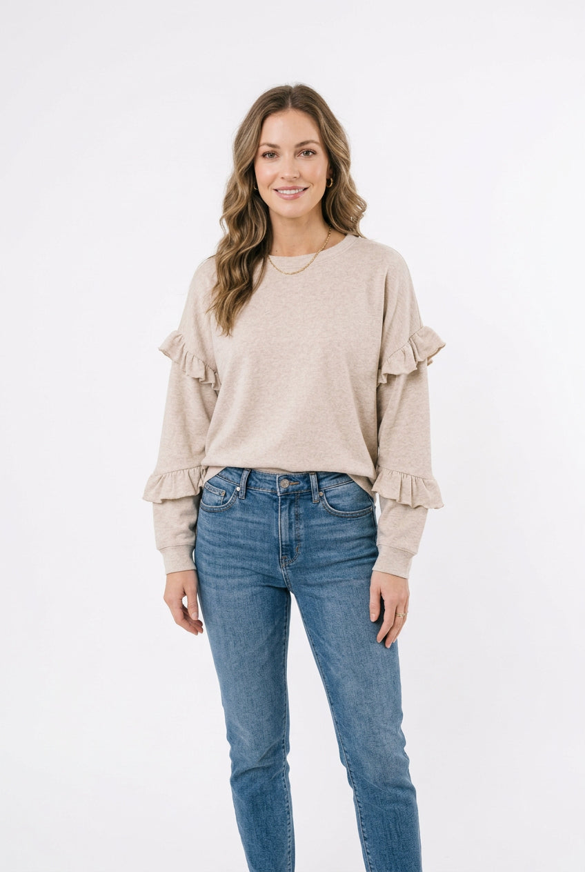 Cream Tiered Ruffle Long Sleeve Top