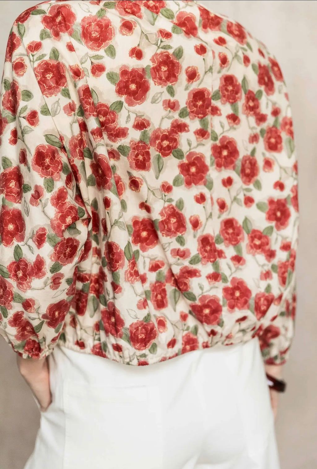Floral Print Poplin Billowy Sleeve Top – Red & Ivory