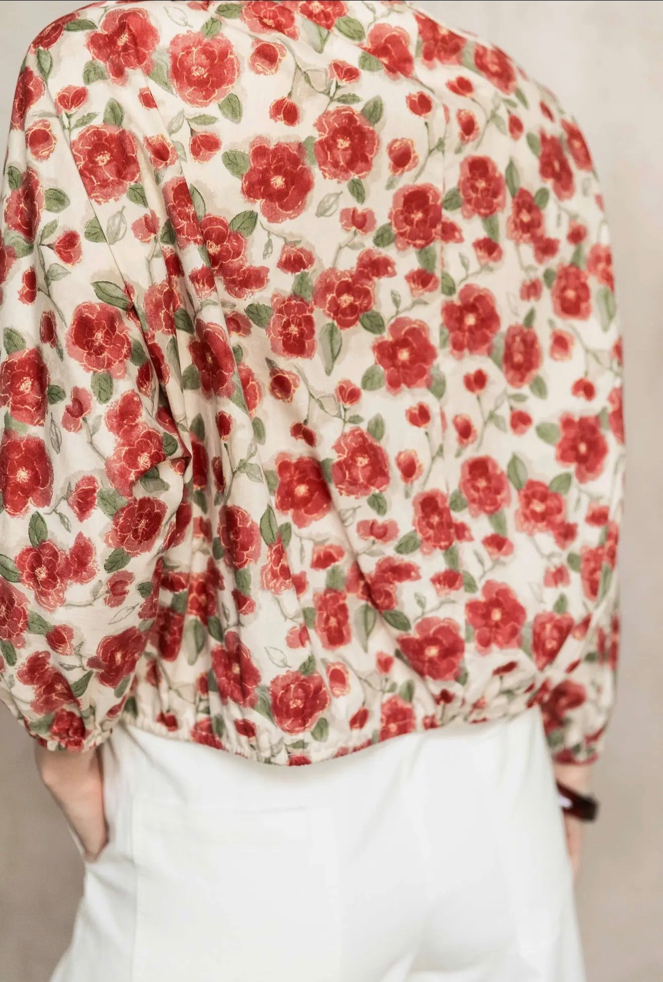 Floral Print Poplin Billowy Sleeve Top – Red & Ivory