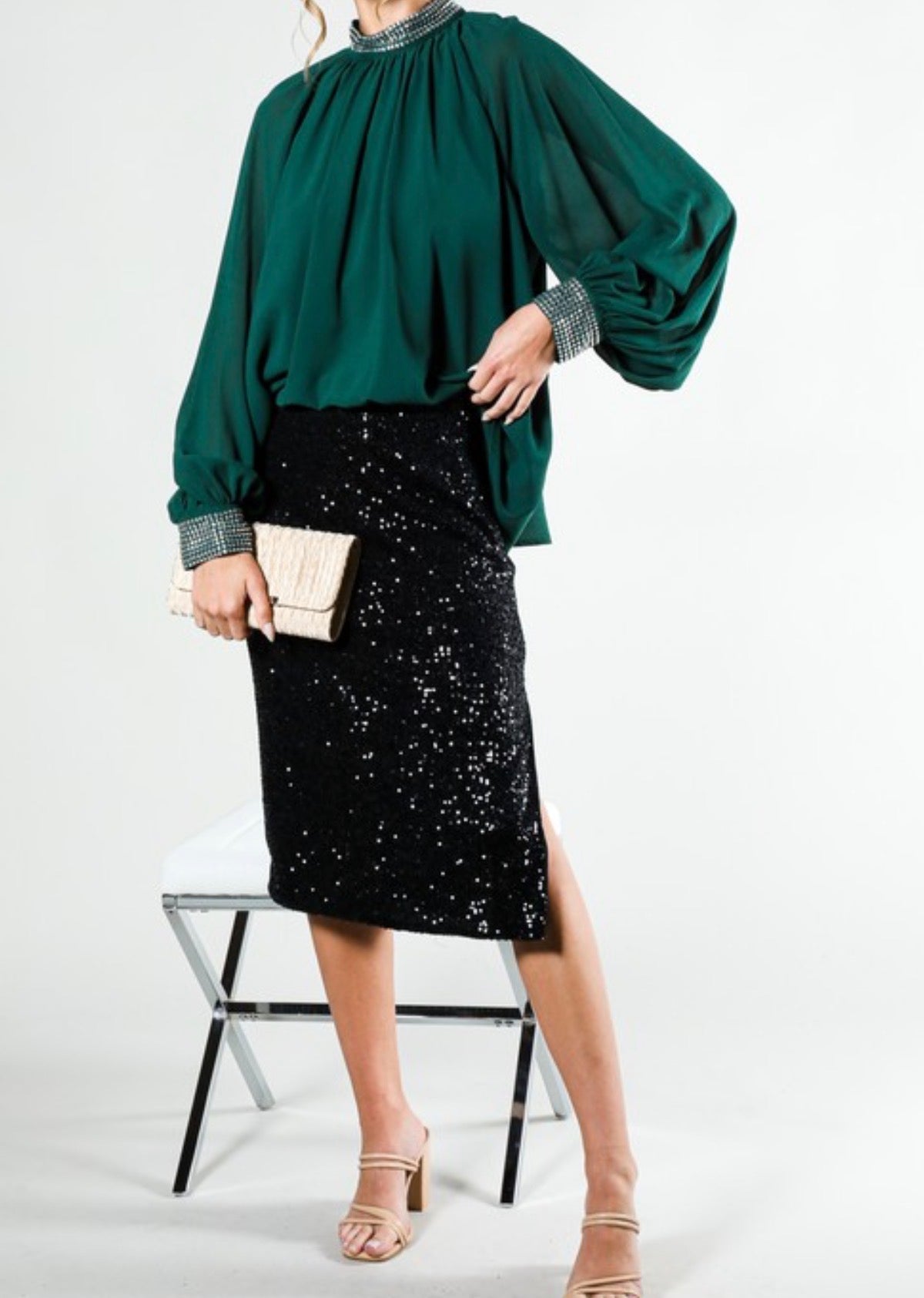 Rhinestone Detail Top in Hunter Green