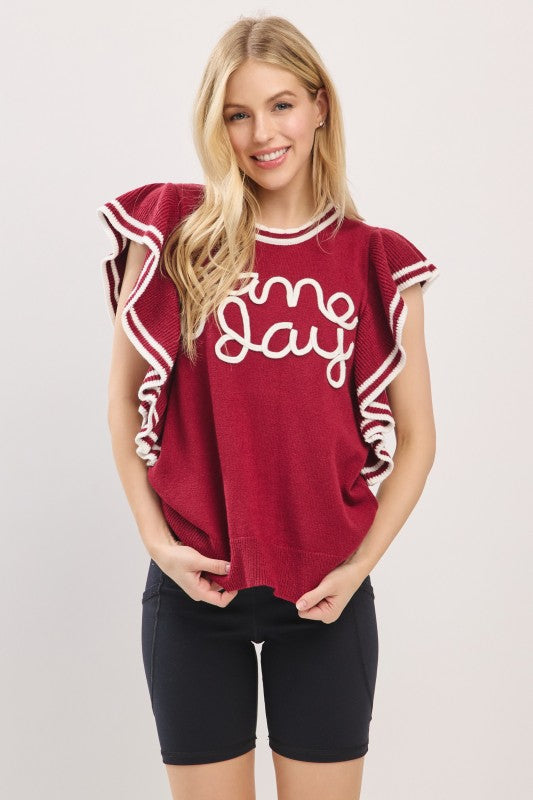 Game Day Ruffle Sleeve Sweater Top – Crimson