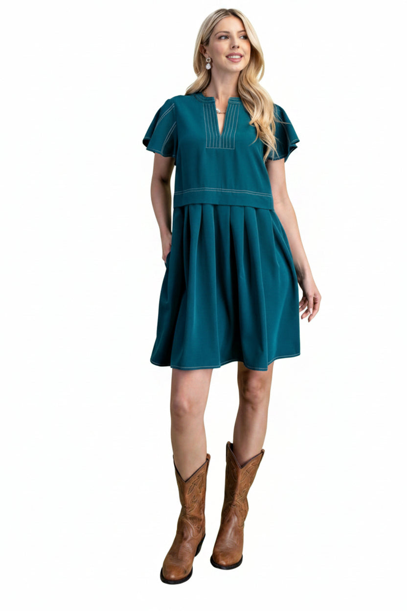 Flutter Sleeve Mini Dress in Teal